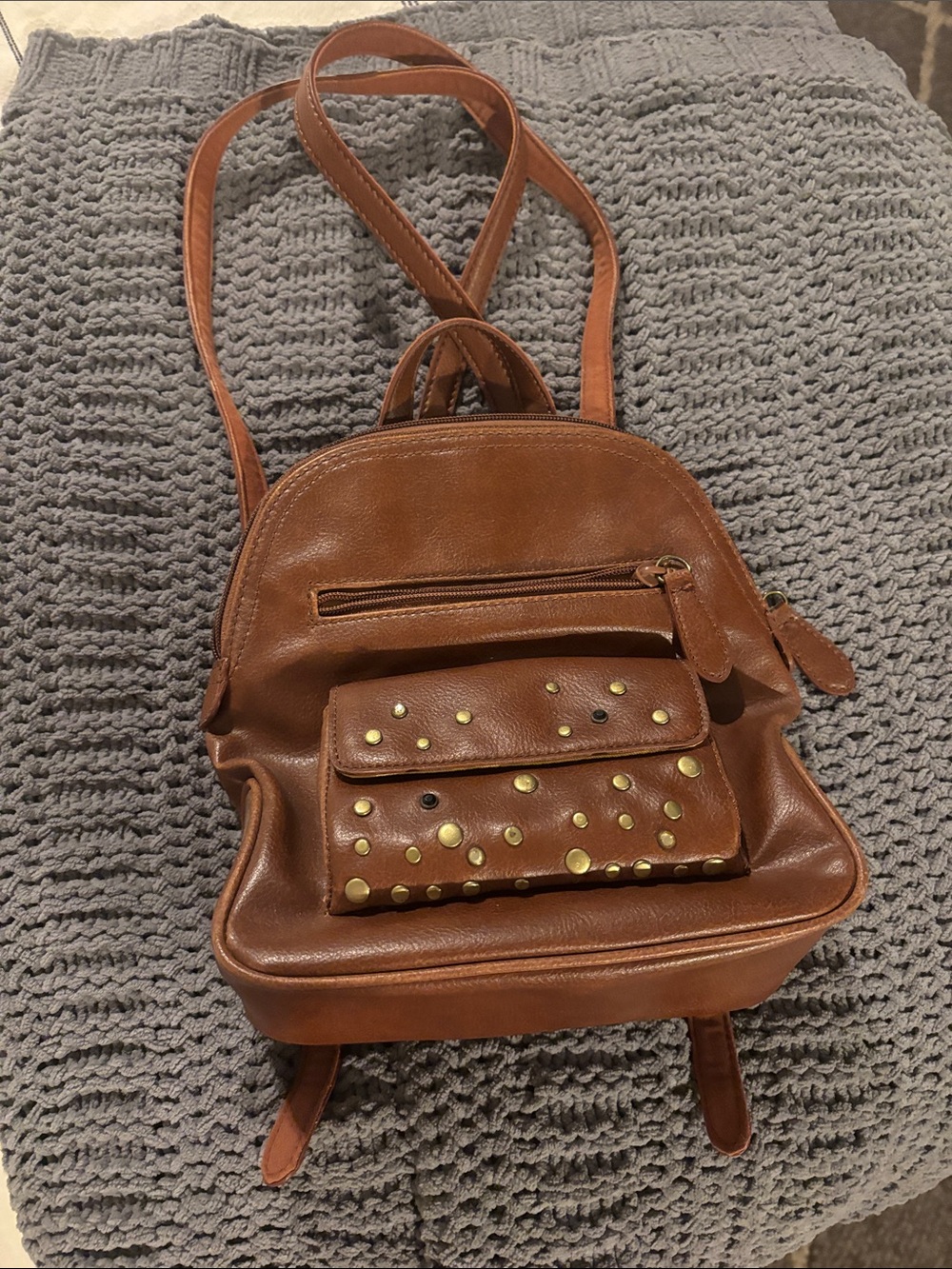 Nine West Cognac Leather Mini Backpack with Studded Front Pocket